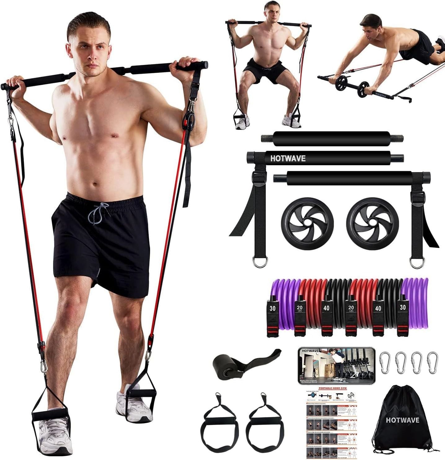 Pilates Bar Kit: Resistance Bands & Ab Roller for Home Gym